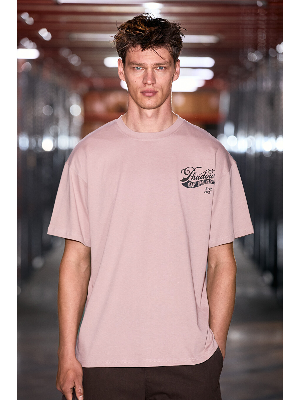 Pembe AMIDIO Erkek %100 Organik Pamuklu Baskı Detaylı Regular Fit Yuvarlak Yaka PUDRA T-Shirt-1