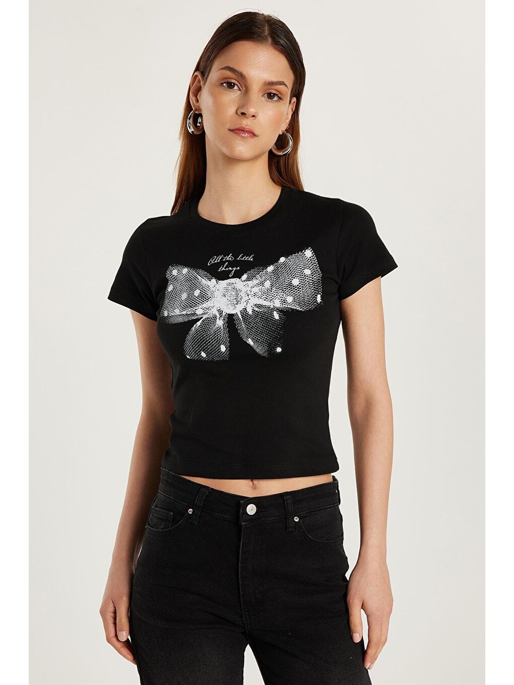 Kadın Slim Fit Dar Kesim %100 Pamuk Kısa Kollu Bisiklet Yaka Baskılı Siyah Tişört-3