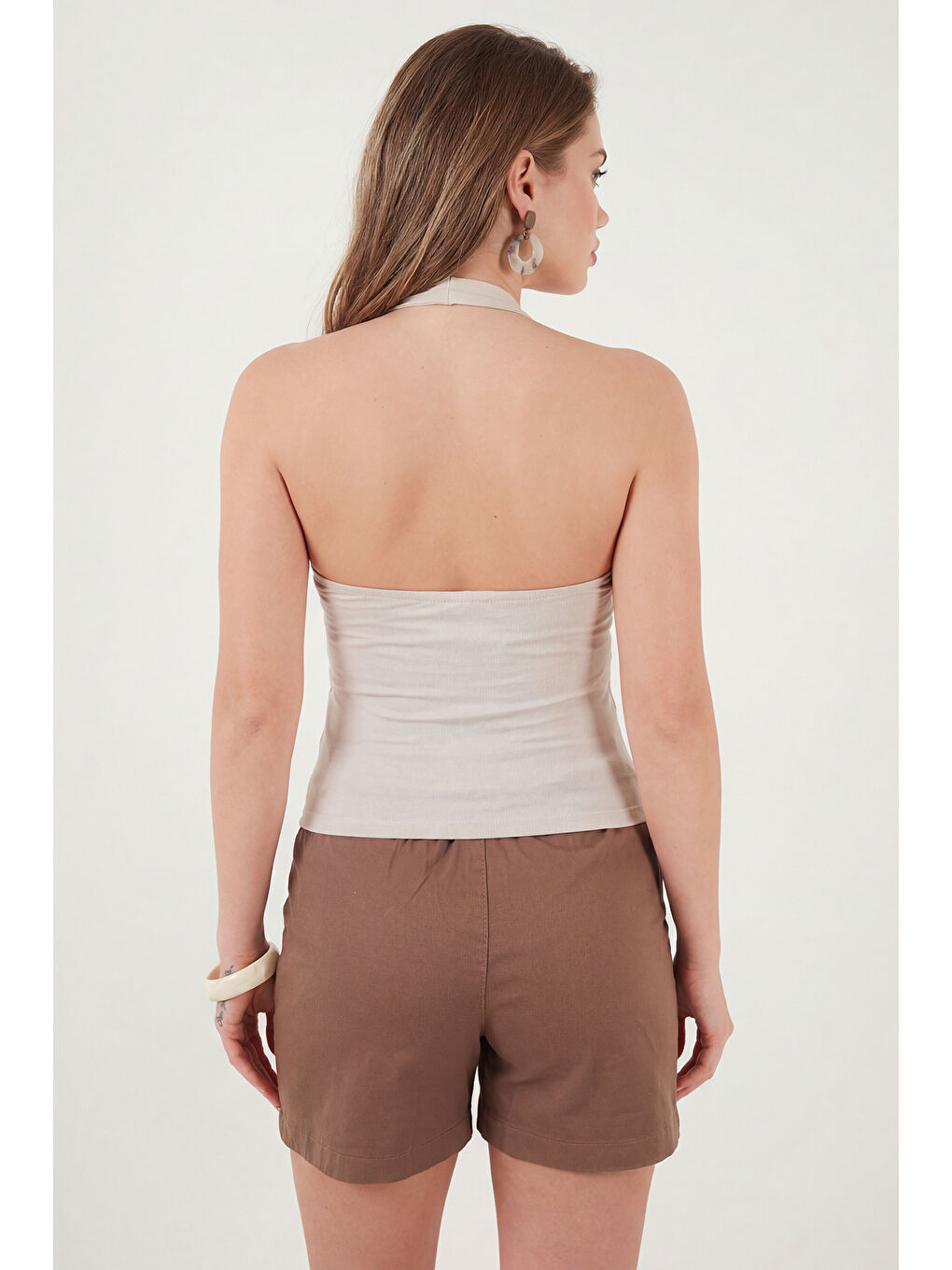 Kahverengi Slim Fit Halter Yaka Sırt Dekolteli İkili Paket Bluz 5866664-5