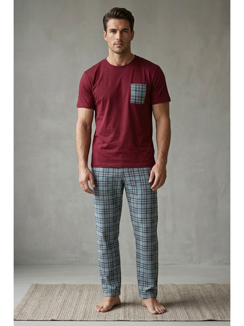 Bordo Cep Nakışlı Örme Kısa Kollu Pijama Takım 8000-1