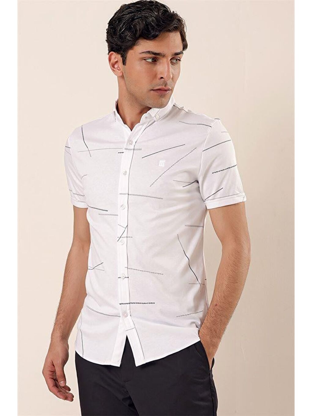 Beyaz Kısa Kollu Örme Düğmeli Yaka Cepsiz Pamuklu Casual Slim Fit Dar Kesim Gömlek 1004230202-2