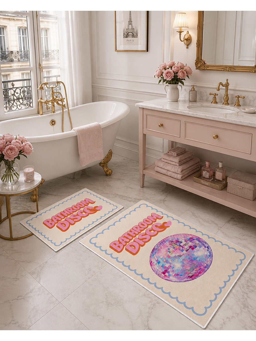 Pembe Pastel Retro Yazılı ve Disko Topu Desenli Banyo Paspası Dot Taban Üstü Kadife-2