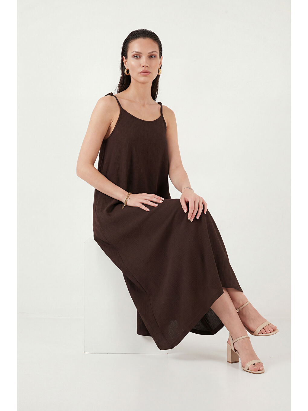 Kahverengi Regular Fit İp Askılı Uzun Kadın Elbise 5865732-3