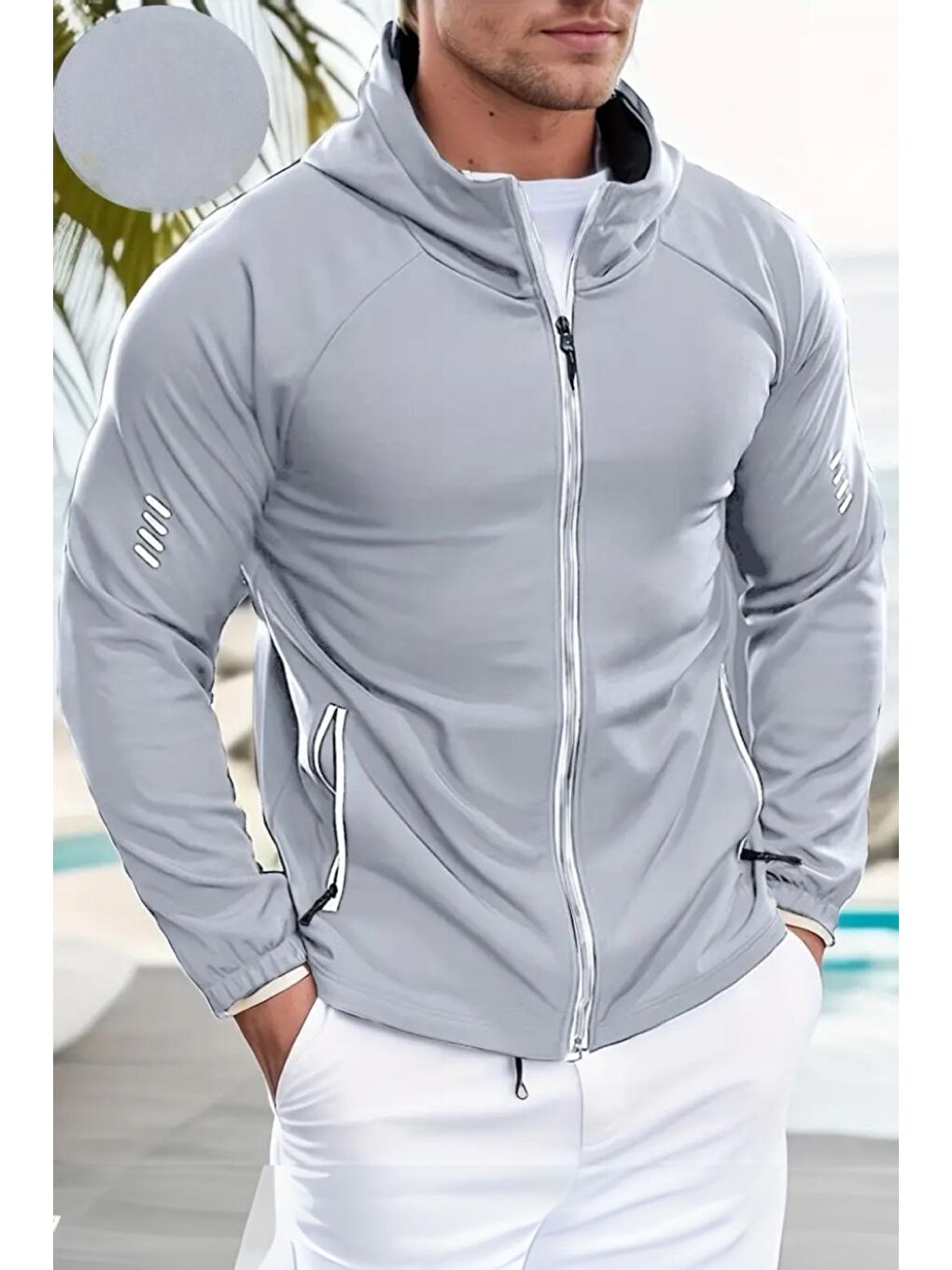 Oksit Gri Sogga Antreman Spor Fitness Scuba Kumaş Kapüşonlu  Erkek Fermuarlı Sweatshirt