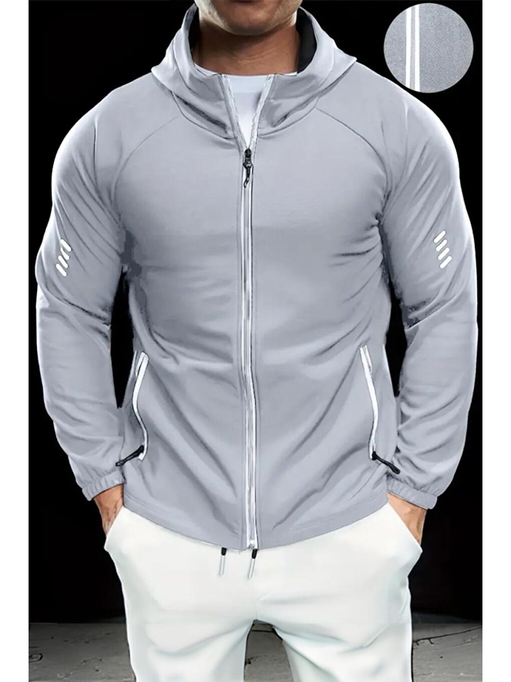 Oksit Gri Sogga Antreman Spor Fitness Scuba Kumaş Kapüşonlu  Erkek Fermuarlı Sweatshirt - 1