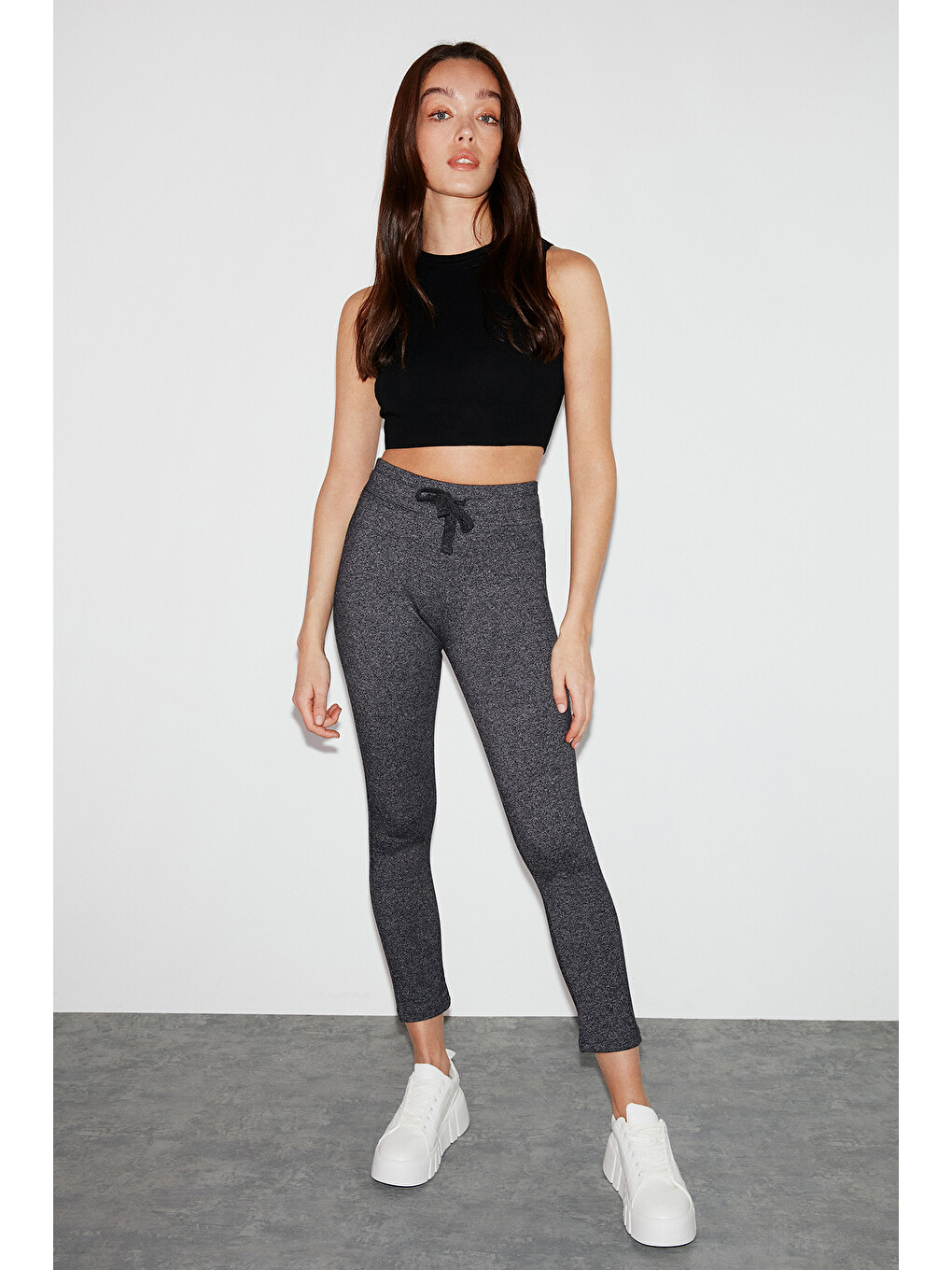 Judy Kadın Slim Fit Beli Lastikli Bağlamalı Basic Antrasit Tayt