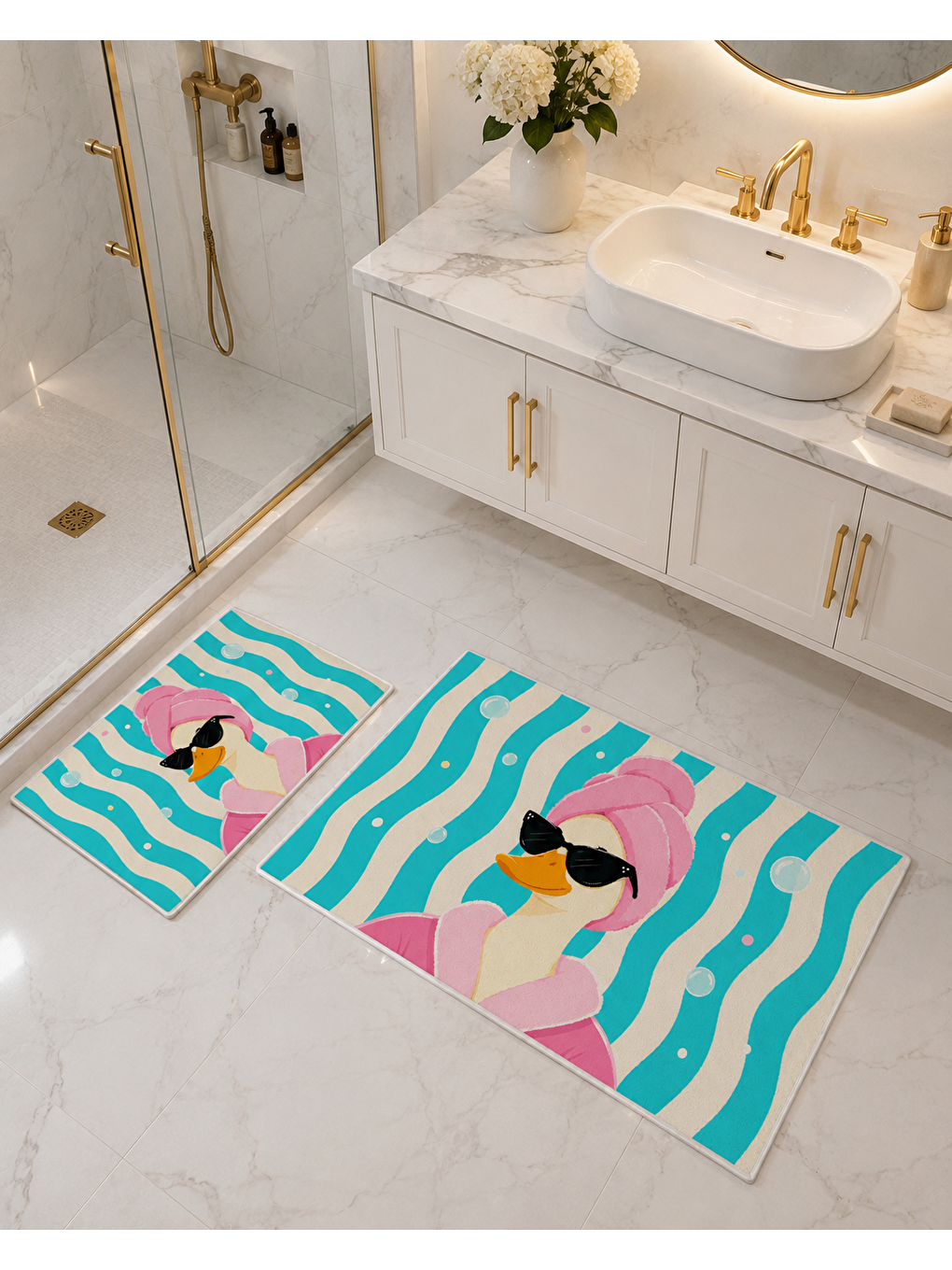 Turkuaz Dalga ve Ördek Desenli Banyo Paspası Dot Taban Üstü Kadife-6