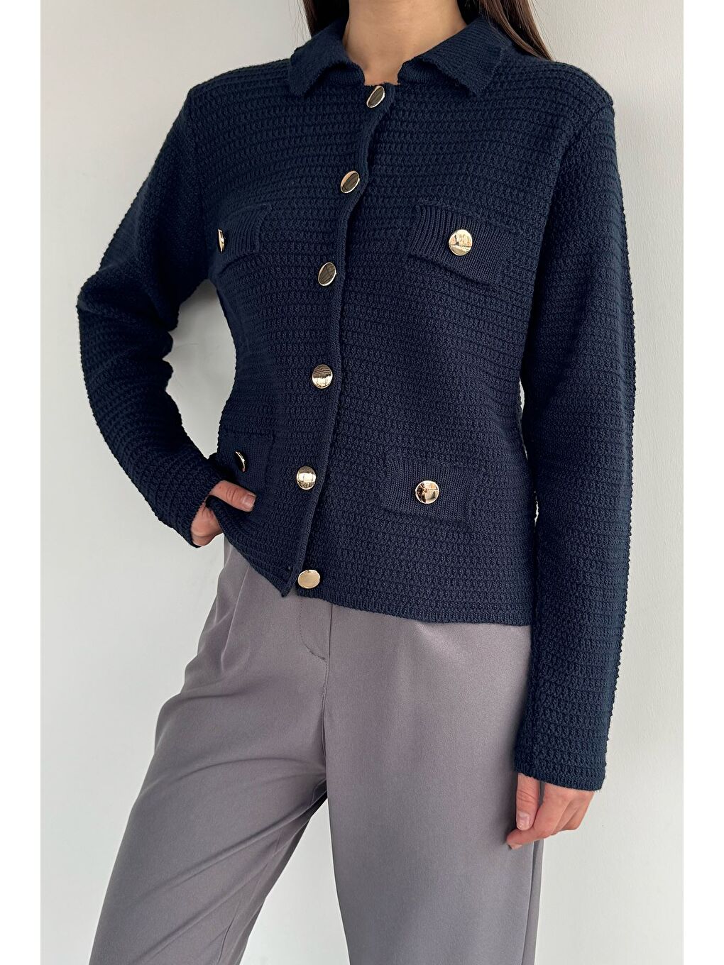 Lacivert Kadın Polo Yaka Gold Düğme Detaylı Triko Hırka