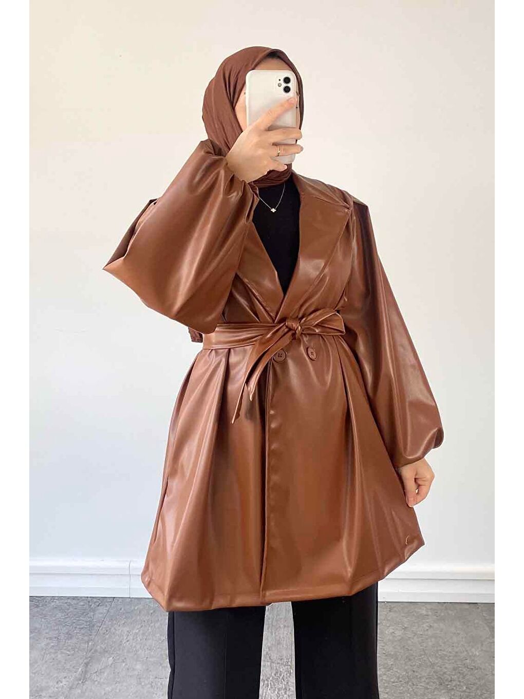 Kruvaze Yaka Deri Trenç Acı Kahverengi-1