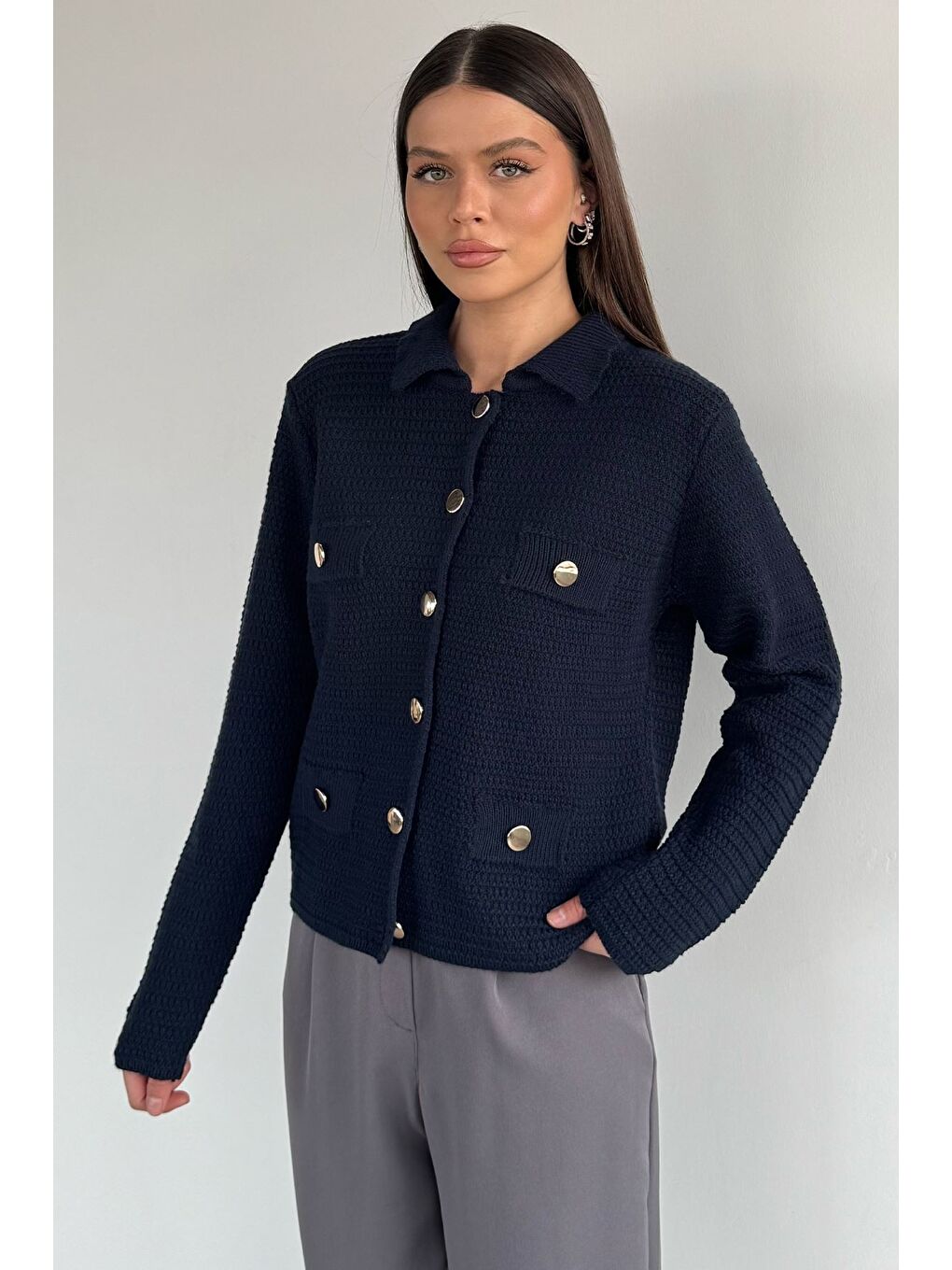 Lacivert Kadın Polo Yaka Gold Düğme Detaylı Triko Hırka-1