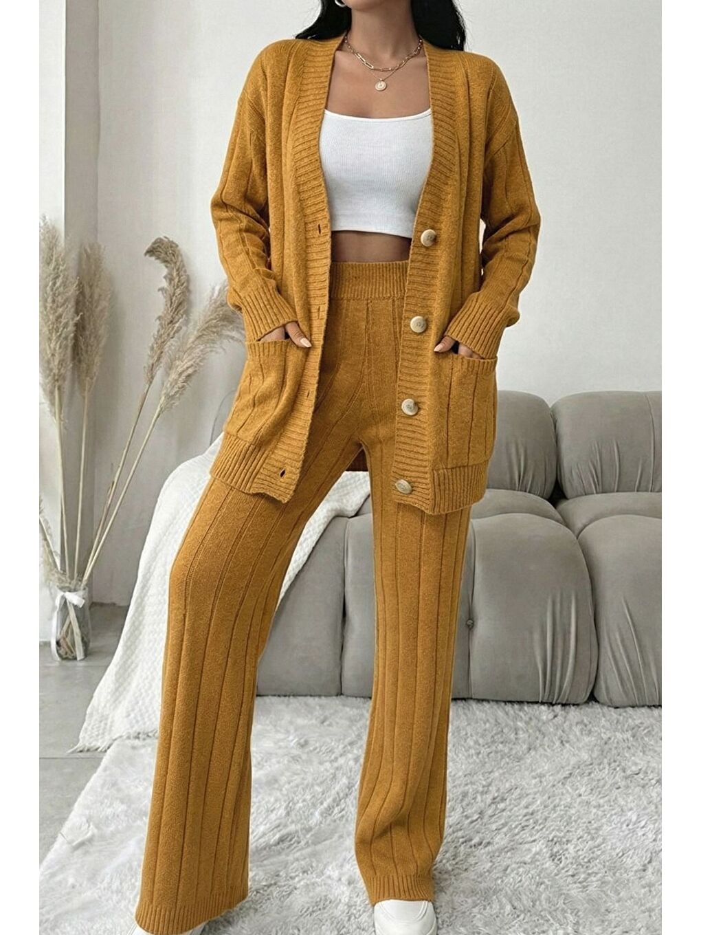 Kahverengi Kadın Ön Düğmeli Kendinden Çizgi Desenli Triko Hırka Pantolon İkili Takım-1