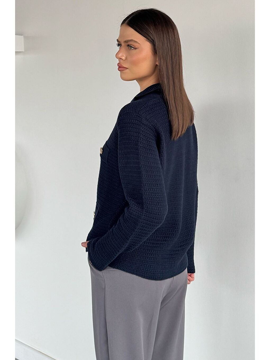 Lacivert Kadın Polo Yaka Gold Düğme Detaylı Triko Hırka-2