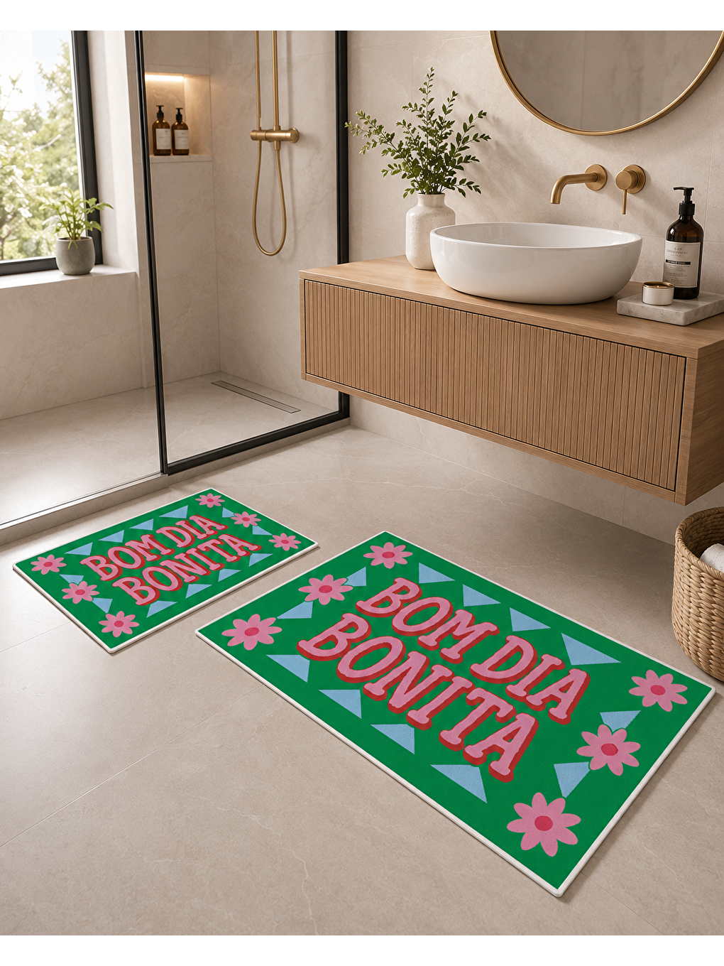 Yeşil Pembe Bon Dia Bonita Yazılı Banyo Paspası Dot Taban Üstü Kadife-3