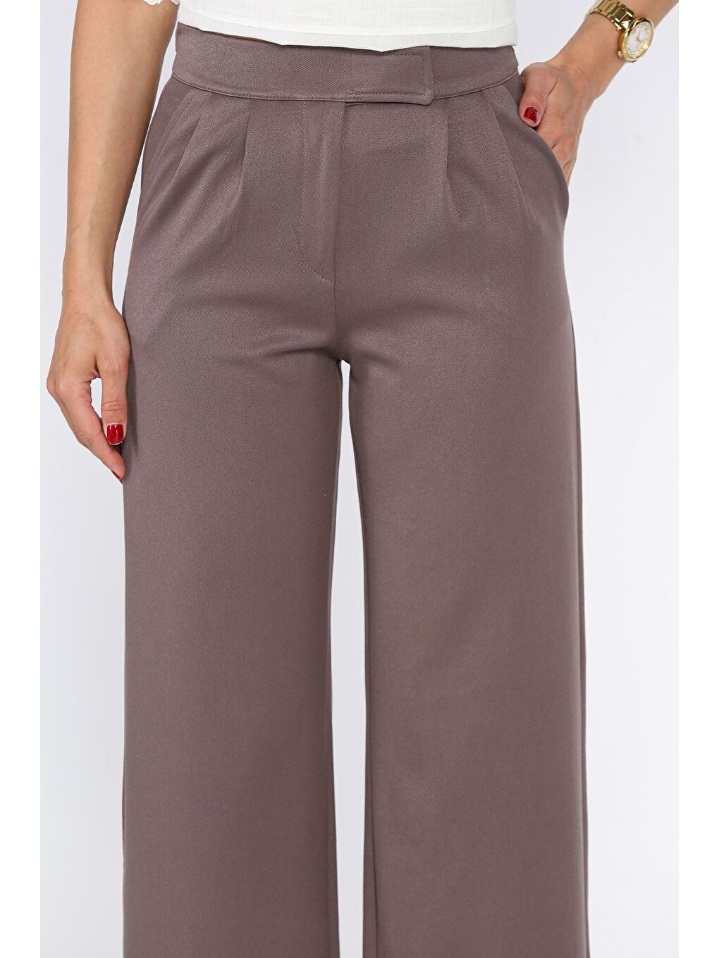 Bej Kadın Bel Lastikli Cırtlı Palazzo Pantolon-2