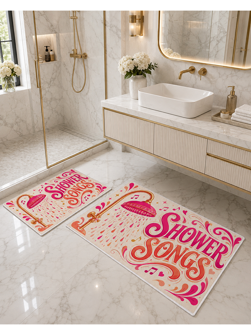 Pembe Retro Yazılı Duş Temalı Banyo Paspası Dot Taban Üstü Kadife-3
