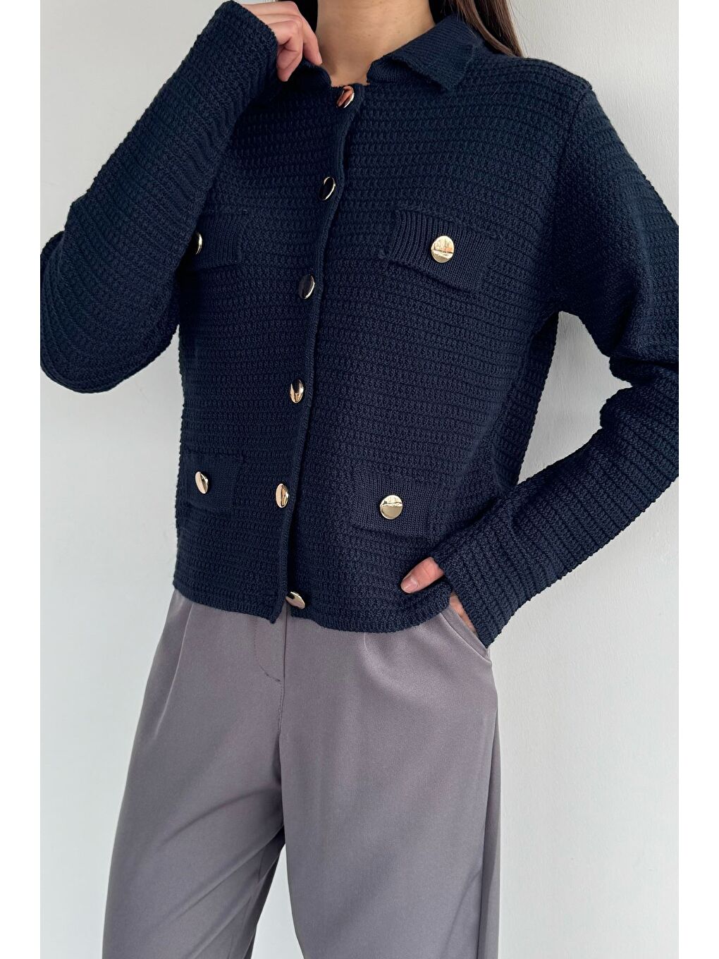 Lacivert Kadın Polo Yaka Gold Düğme Detaylı Triko Hırka-3