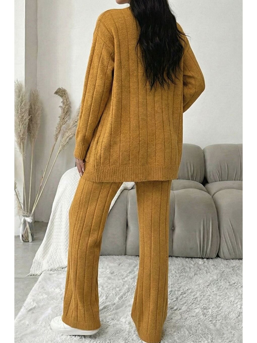 Kahverengi Kadın Ön Düğmeli Kendinden Çizgi Desenli Triko Hırka Pantolon İkili Takım-2