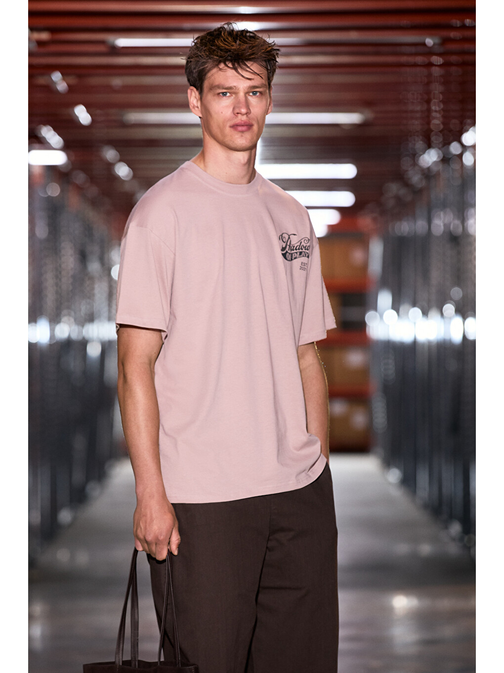 Pembe AMIDIO Erkek %100 Organik Pamuklu Baskı Detaylı Regular Fit Yuvarlak Yaka PUDRA T-Shirt-2