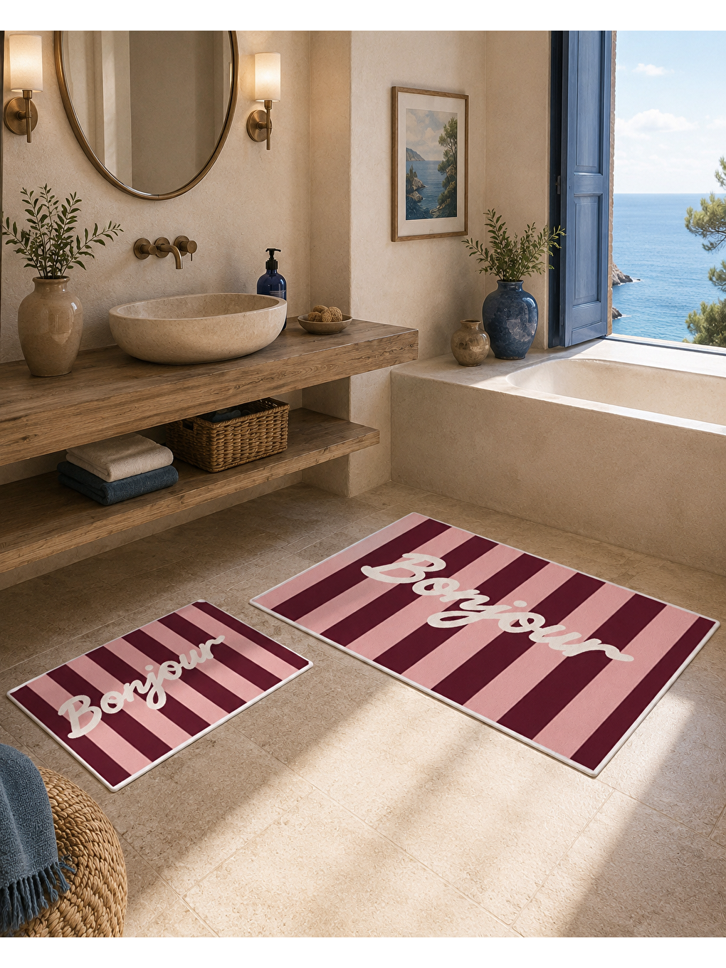 Bordo Çizgili Bonjour Yazılı Banyo Paspası Dot Taban Üstü Kadife-3