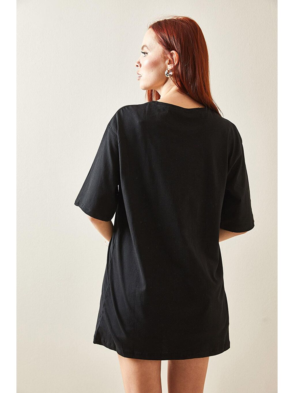 XHAN Siyah Bisiklet Yaka Yazılı Midi Oversize T-Shirt 5YXK1-48207-02 - 3