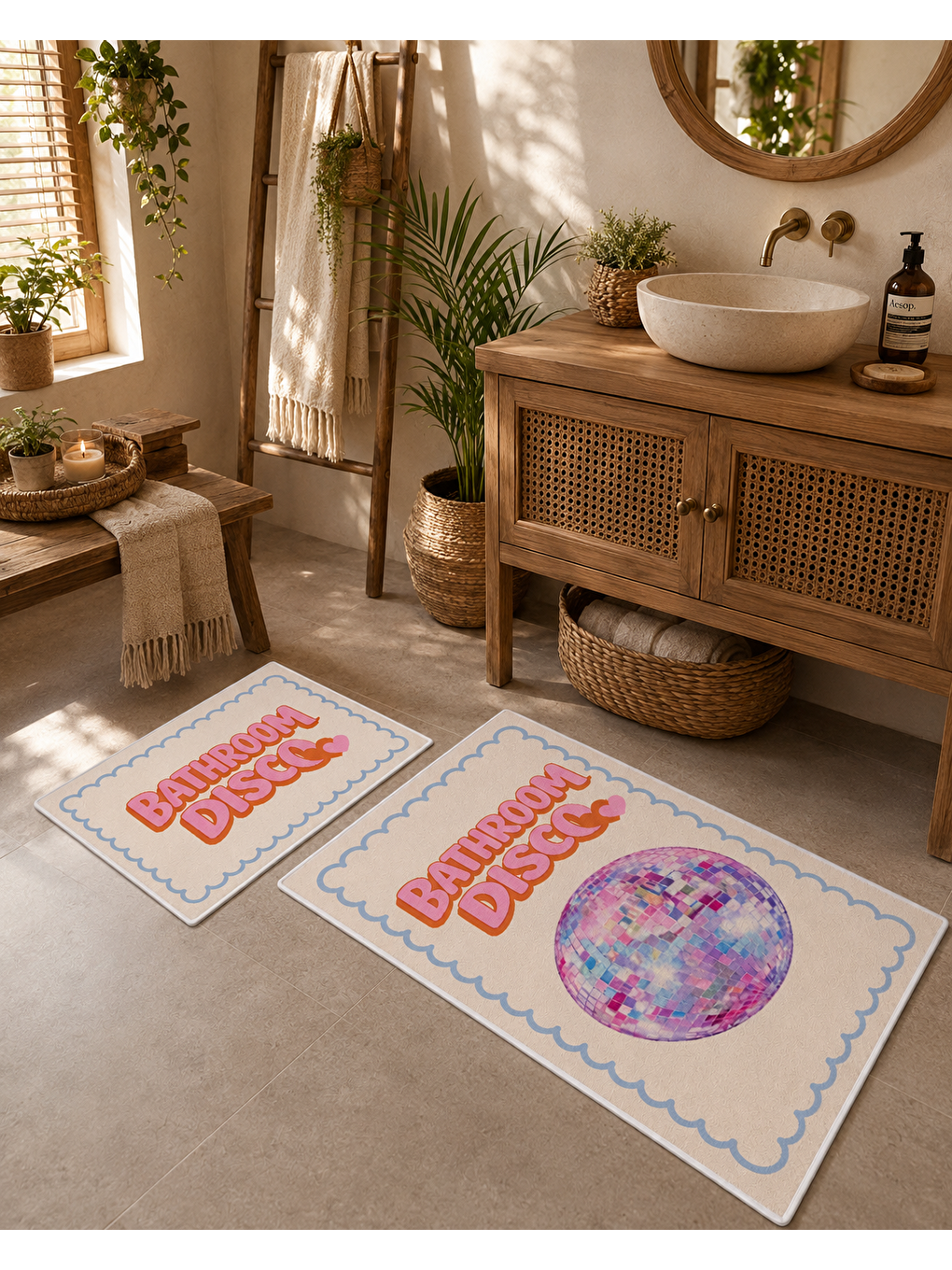 Pembe Pastel Retro Yazılı ve Disko Topu Desenli Banyo Paspası Dot Taban Üstü Kadife-3