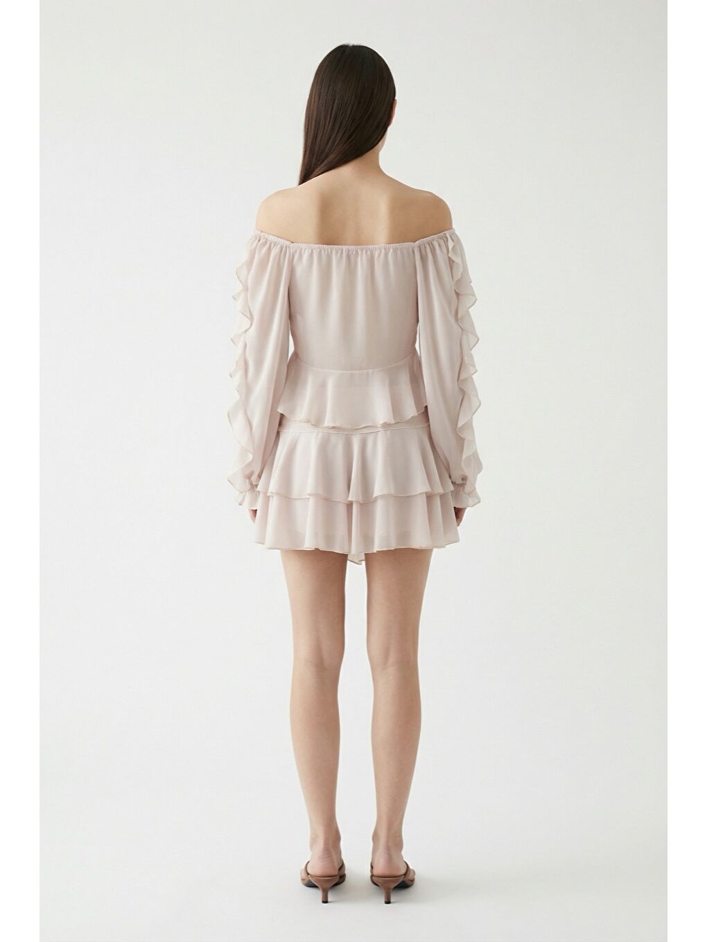 Fırfırlı V Yaka Şifon Bluz Bej-2