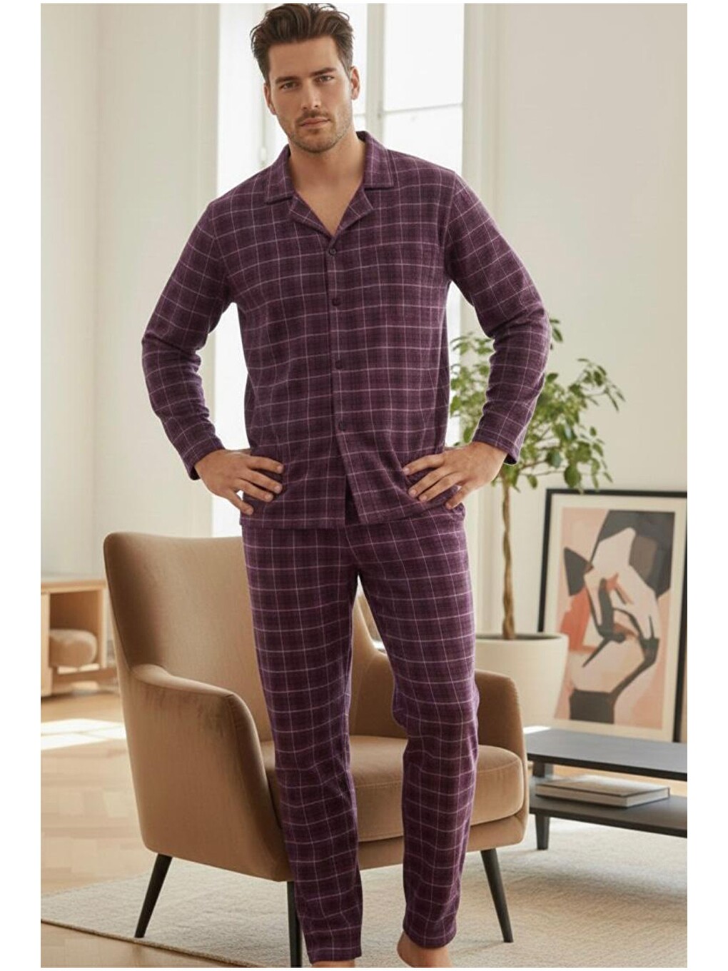 Karışık Erkek Ekoseli %100 Pamuklu Örme Düğmeli Pijama Takım 7985-1