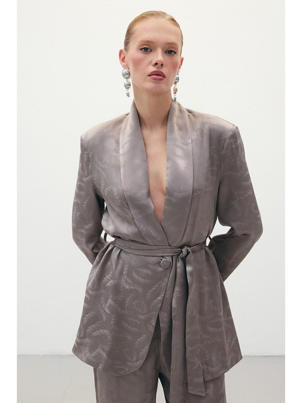 Bej Jakar Saten Ceket - Vizon-1