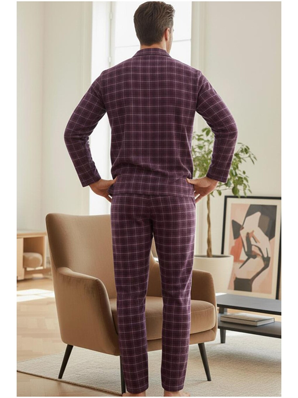 Karışık Erkek Ekoseli %100 Pamuklu Örme Düğmeli Pijama Takım 7985-2