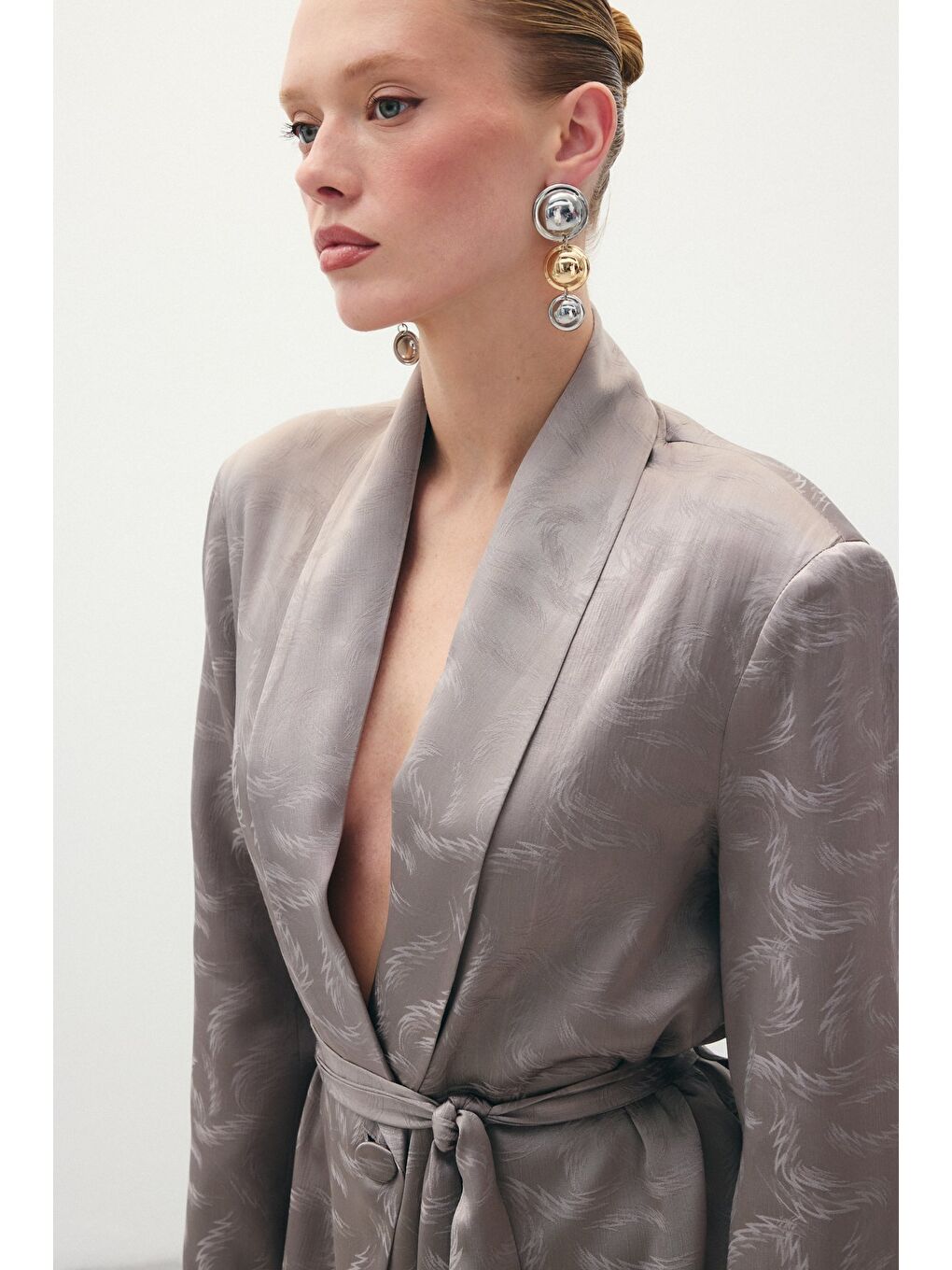 Bej Jakar Saten Ceket - Vizon-2