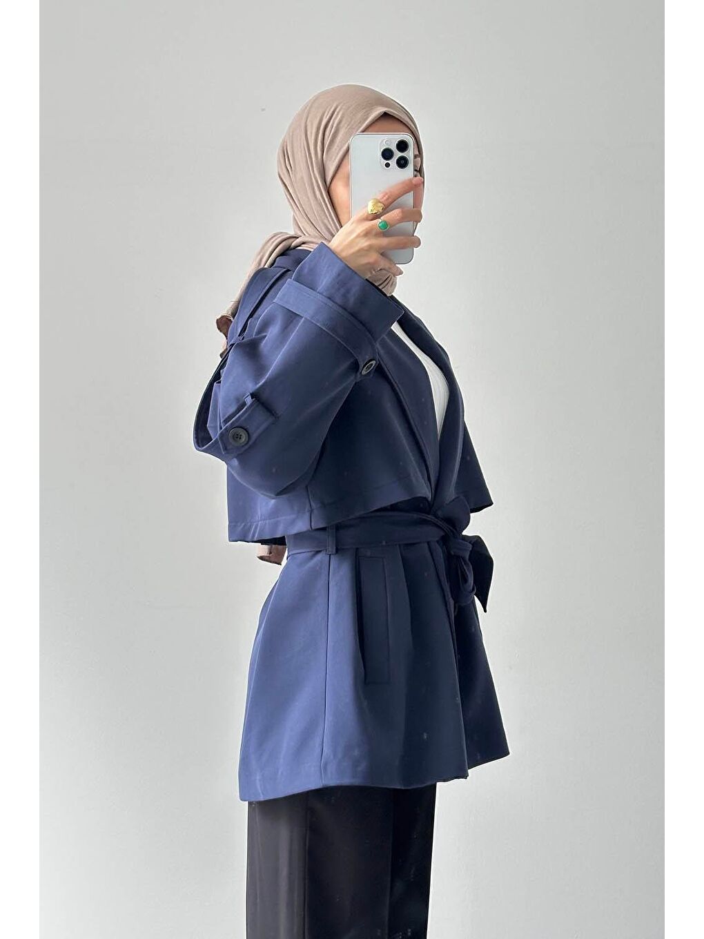 Omuz Apoletli Kısa Trençkot Lacivert-1