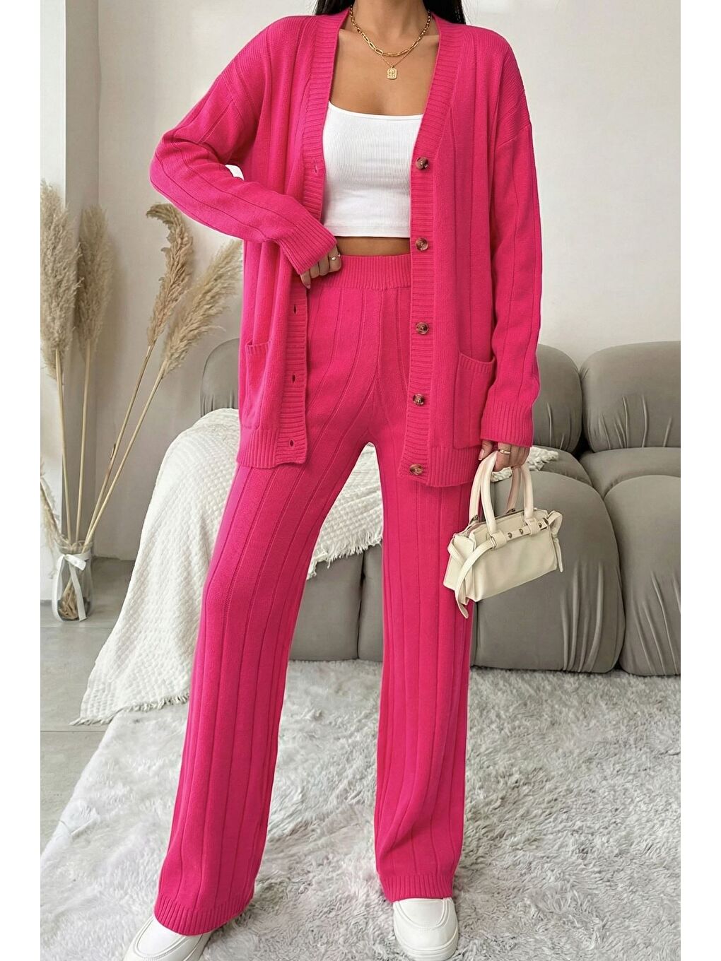 Fuşya Kadın Ön Düğmeli Kendinden Çizgi Desenli Triko Hırka Pantolon İkili Takım