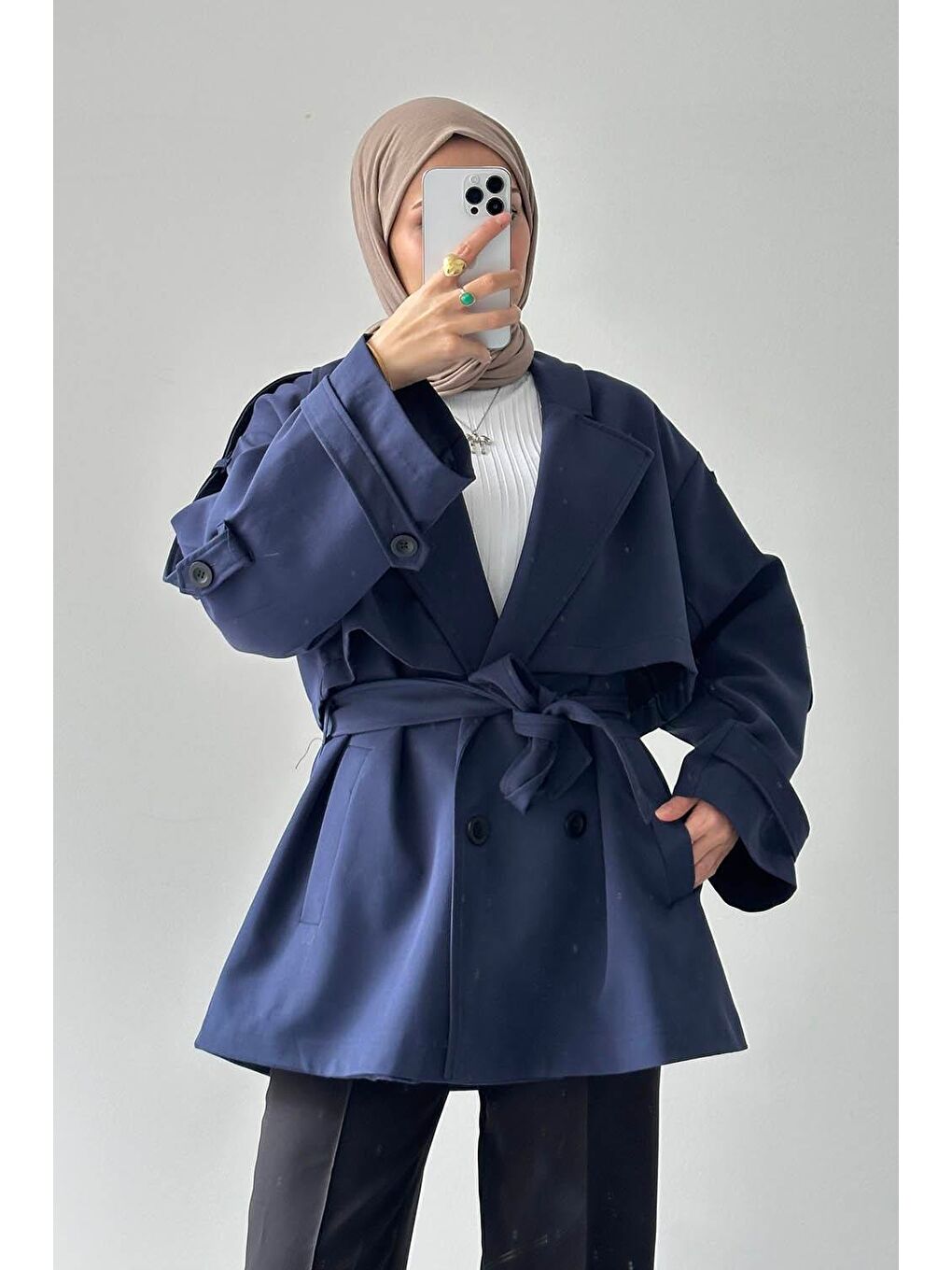Omuz Apoletli Kısa Trençkot Lacivert-2