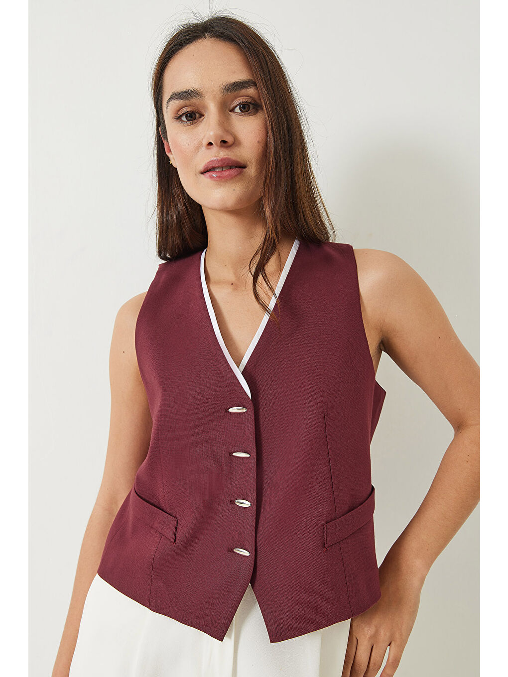 Bordo Kadın Garni Detaylı Metal Düğmeli Astarlı Yelek-1