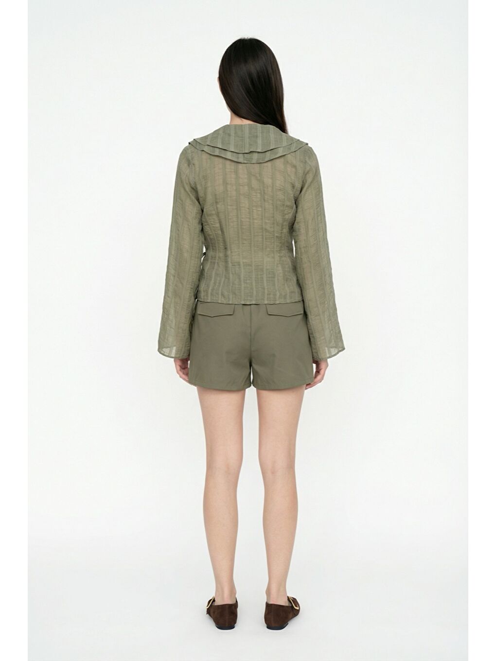 Fırfırlı Kruvaze Bağlamalı Bluz Haki-2