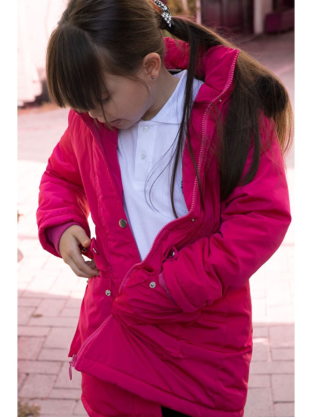 Pembe Kapaklı Cepli İçi Kürklü Çıkarılabilir Kapüşonlu Kız Çocuk Şişme Mont 21483-3