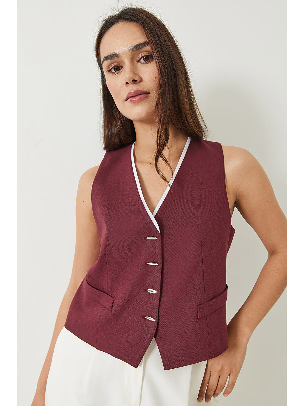 Bordo Kadın Garni Detaylı Metal Düğmeli Astarlı Yelek-2