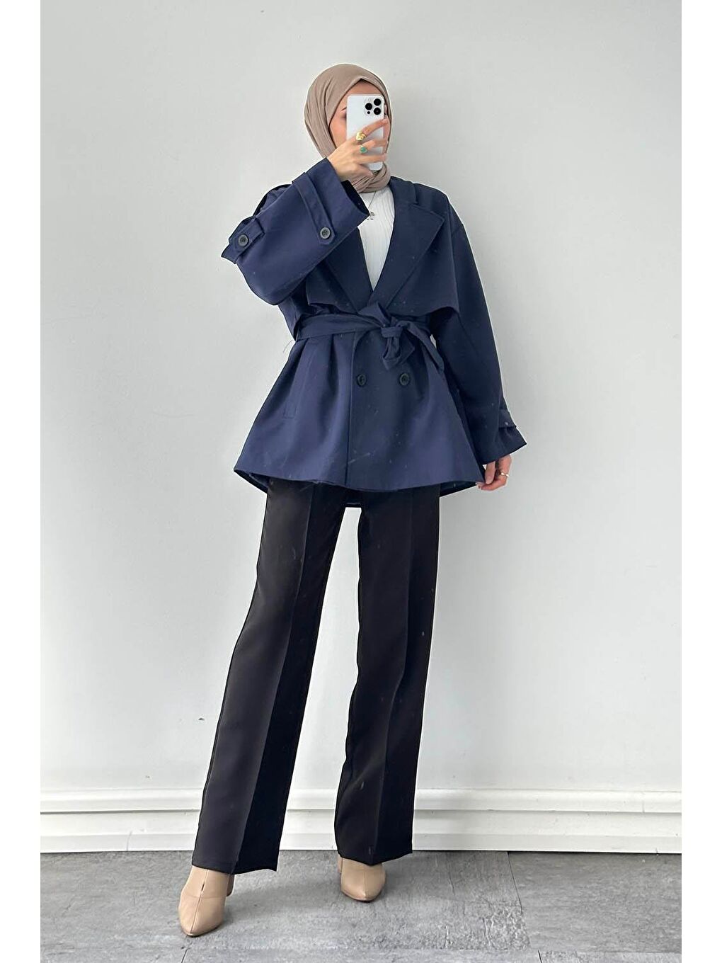 Omuz Apoletli Kısa Trençkot Lacivert-3