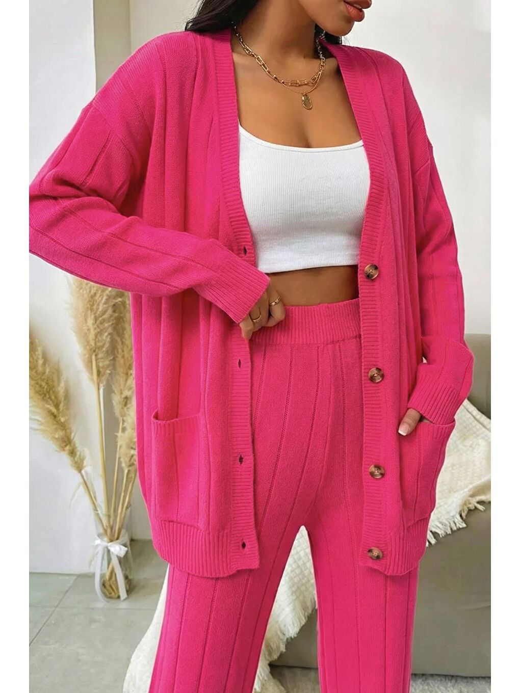 Fuşya Kadın Ön Düğmeli Kendinden Çizgi Desenli Triko Hırka Pantolon İkili Takım-1
