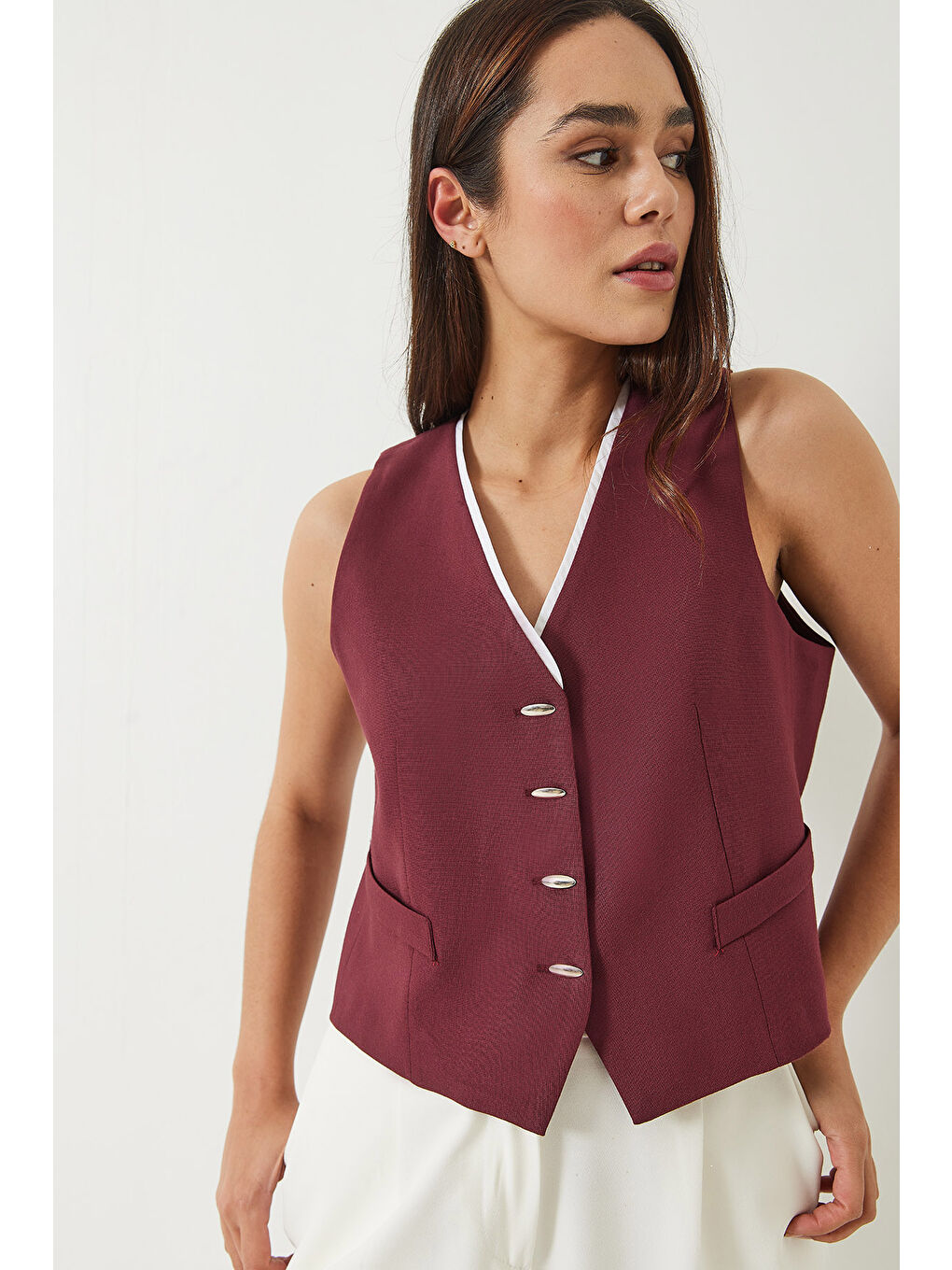 Bordo Kadın Garni Detaylı Metal Düğmeli Astarlı Yelek-4