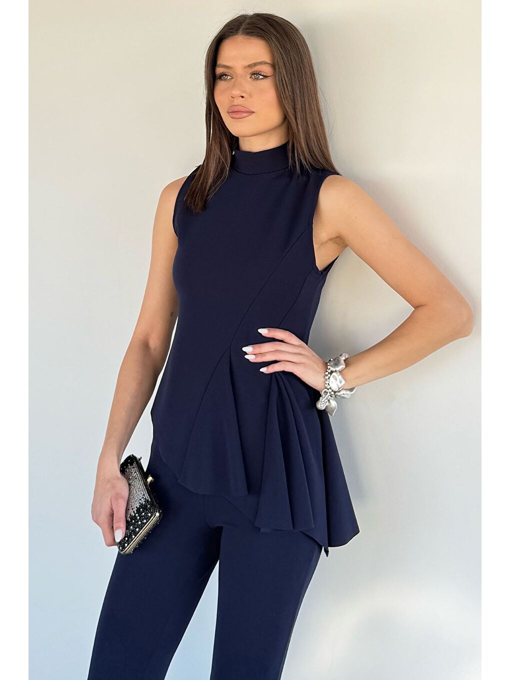 Lacivert Kadın Dik Yaka Bluz Bel Lastikli Paça Büzgülü Pantolon İkili Takım-3