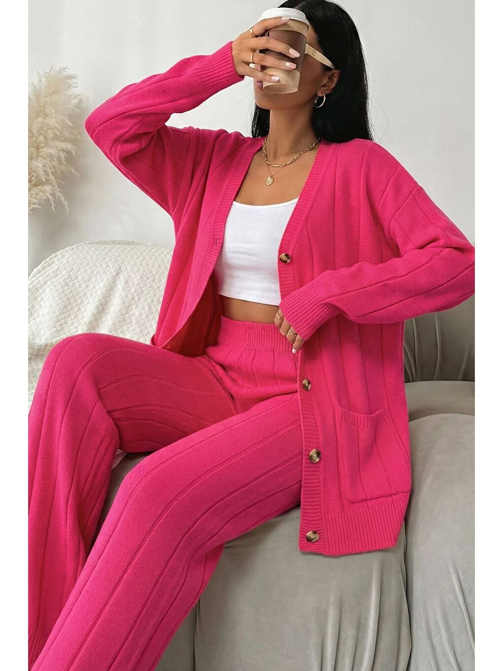 Fuşya Kadın Ön Düğmeli Kendinden Çizgi Desenli Triko Hırka Pantolon İkili Takım-2