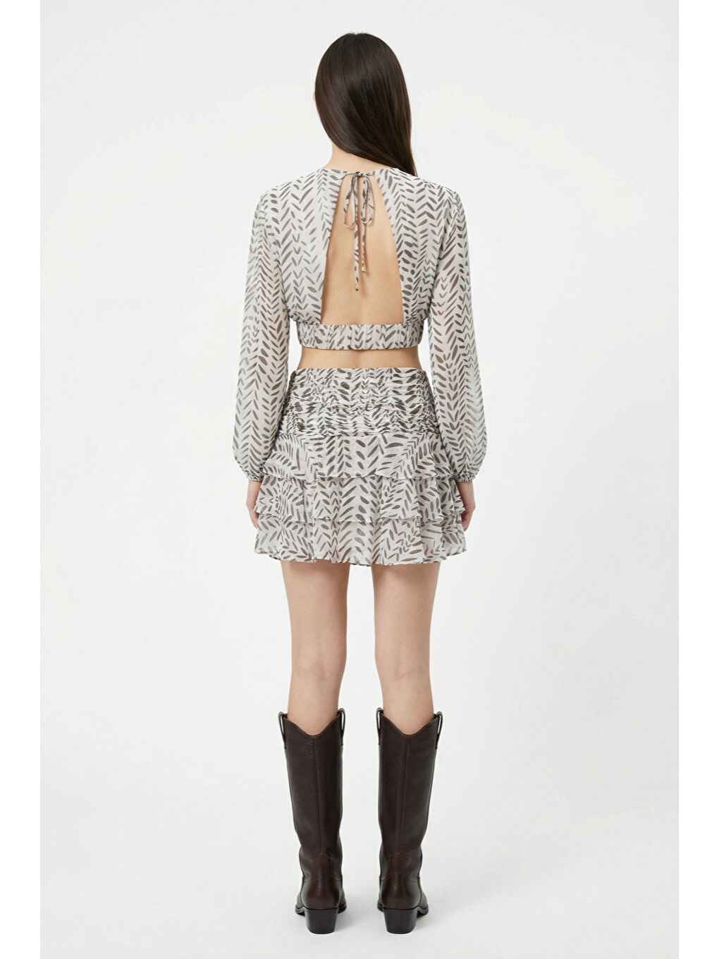 Desenli Sırt Dekolteli Crop Bluz Haki-2