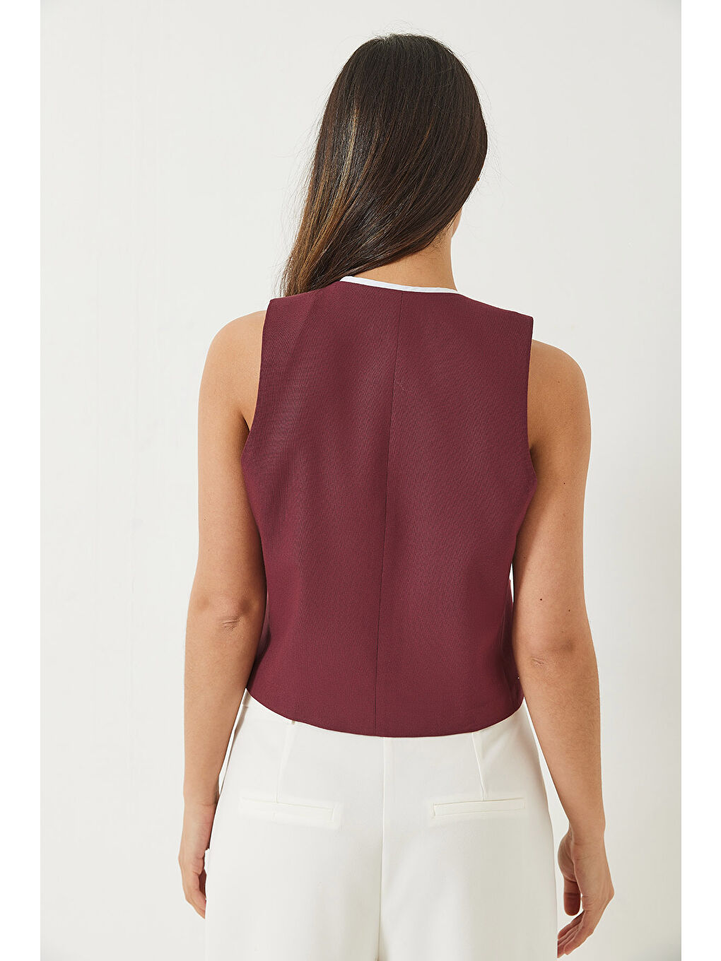 Bordo Kadın Garni Detaylı Metal Düğmeli Astarlı Yelek-6