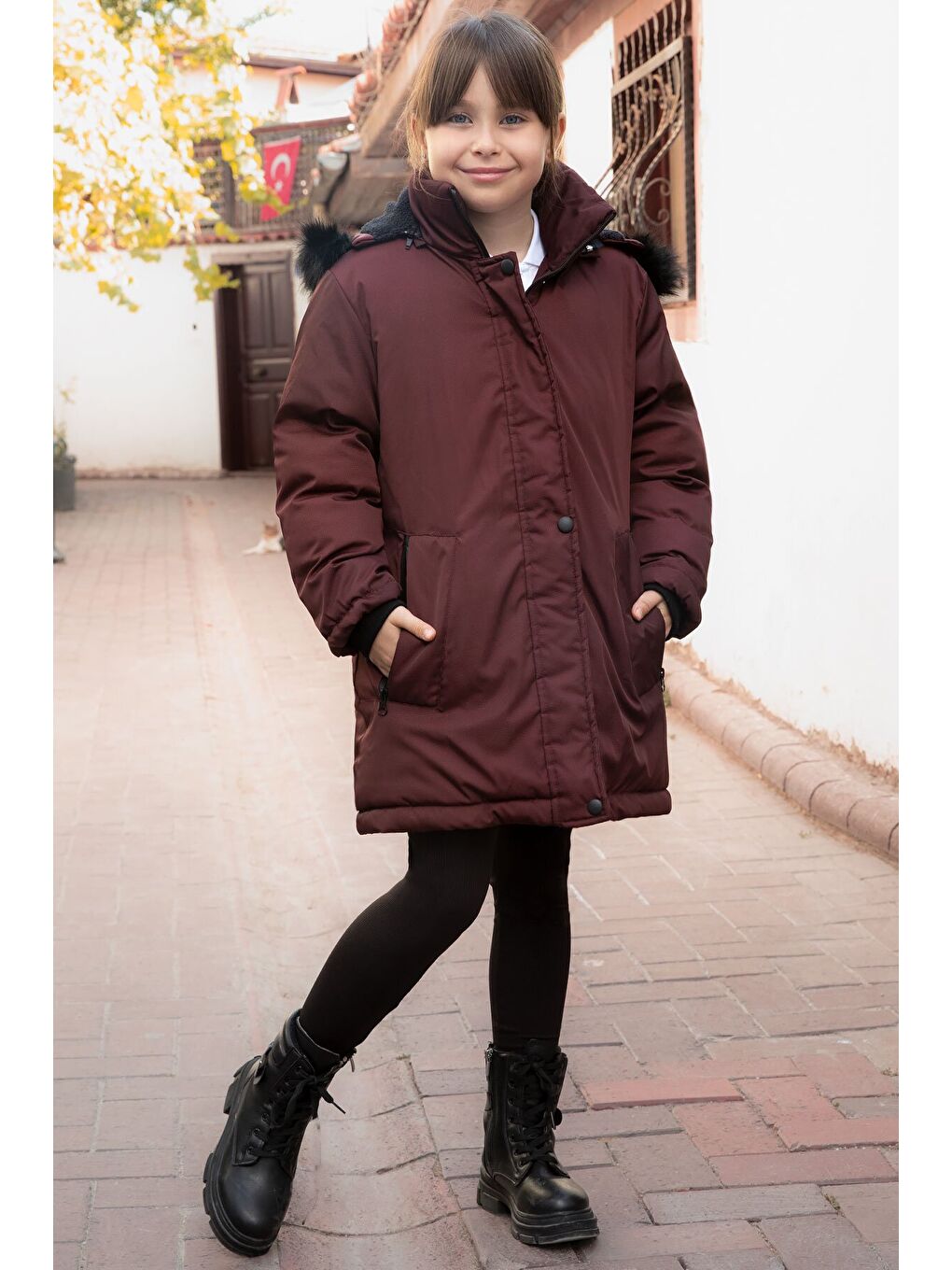 Bordo Kürklü İçi Astarlı Çıkarılabilir Kapüşonlu Kız Çocuk Mont 21550-2