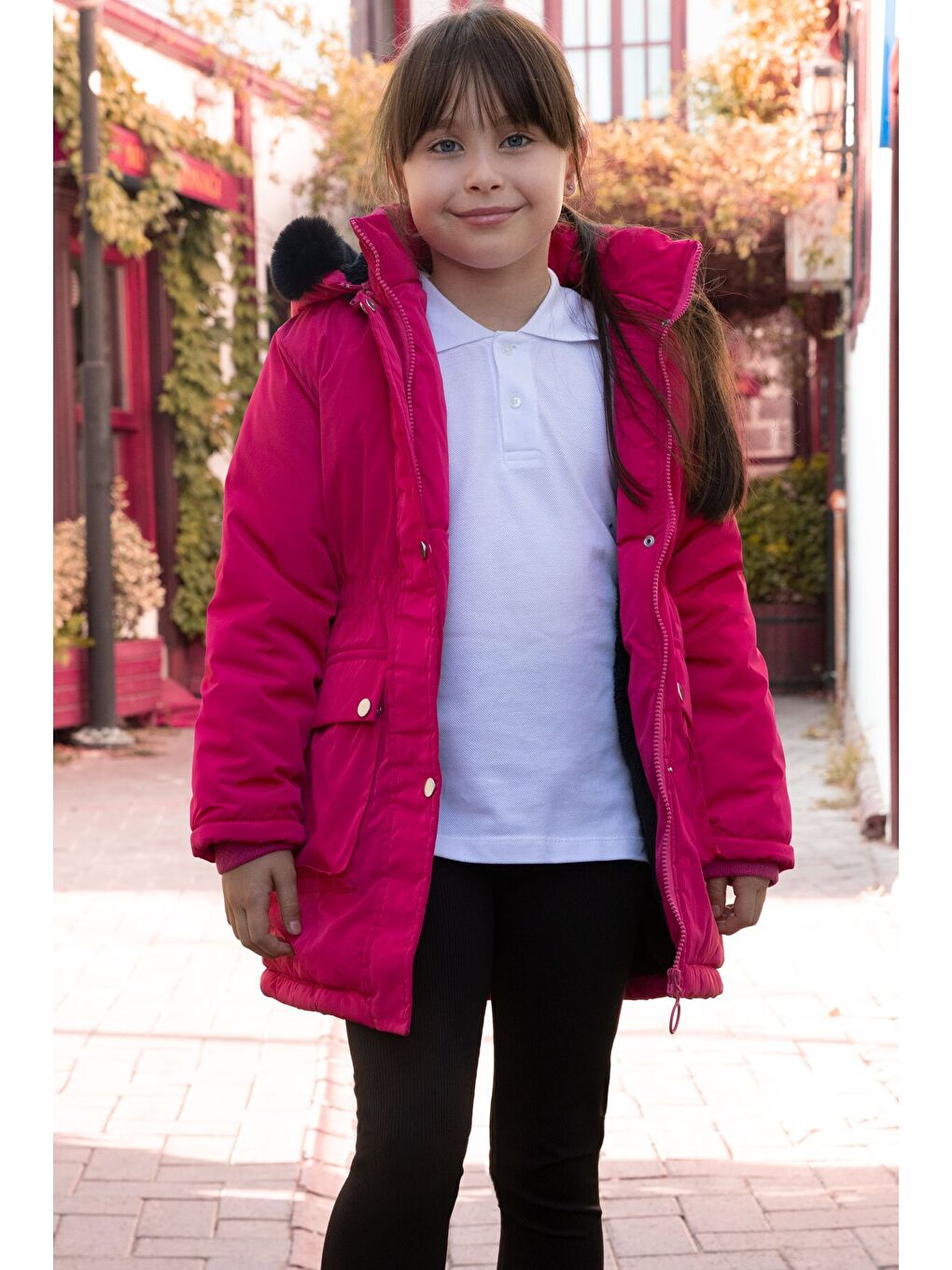 Pembe Kapaklı Cepli İçi Kürklü Çıkarılabilir Kapüşonlu Kız Çocuk Şişme Mont 21483-4