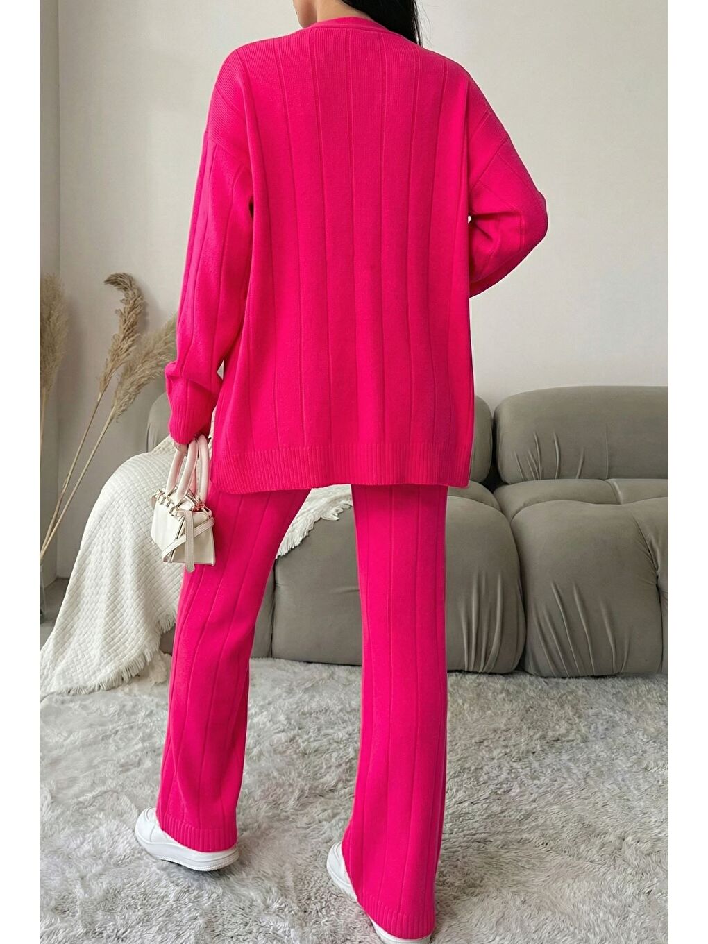 Fuşya Kadın Ön Düğmeli Kendinden Çizgi Desenli Triko Hırka Pantolon İkili Takım-3