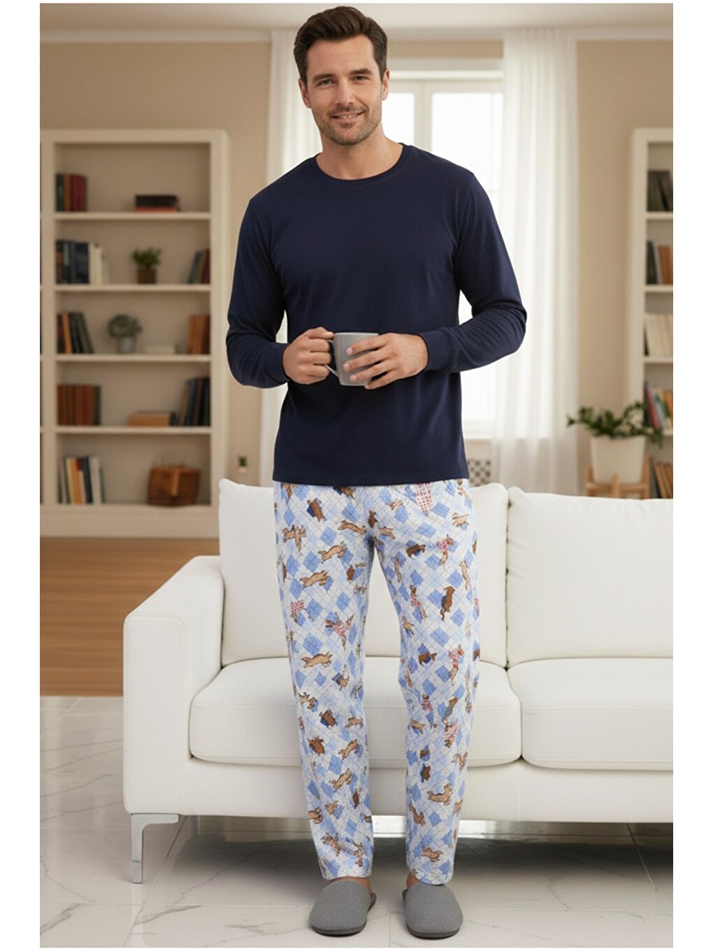 Karışık Istakoz Desenli Uzun Kollu Pamuklu Örme Pijama Takım 7972-1