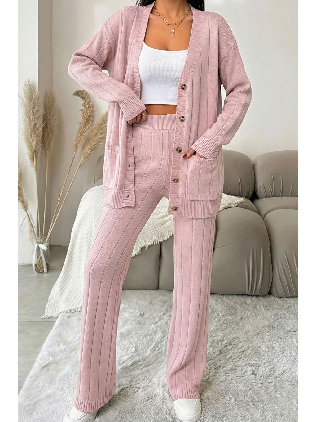 Pembe Kadın Ön Düğmeli Kendinden Çizgi Desenli Triko Hırka Pantolon İkili Takım-3