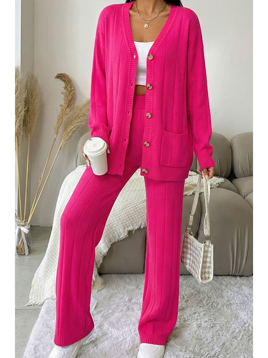 Fuşya Kadın Ön Düğmeli Kendinden Çizgi Desenli Triko Hırka Pantolon İkili Takım-4